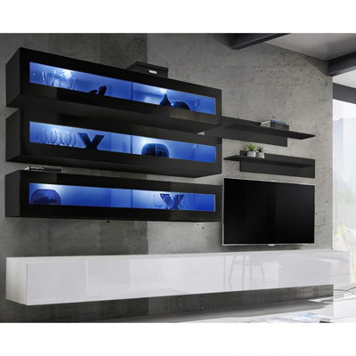 Voelker 126" Modern Floating Wall Mounted Entertainment Center with 16-Color LED Lighting, High Gloss Finish