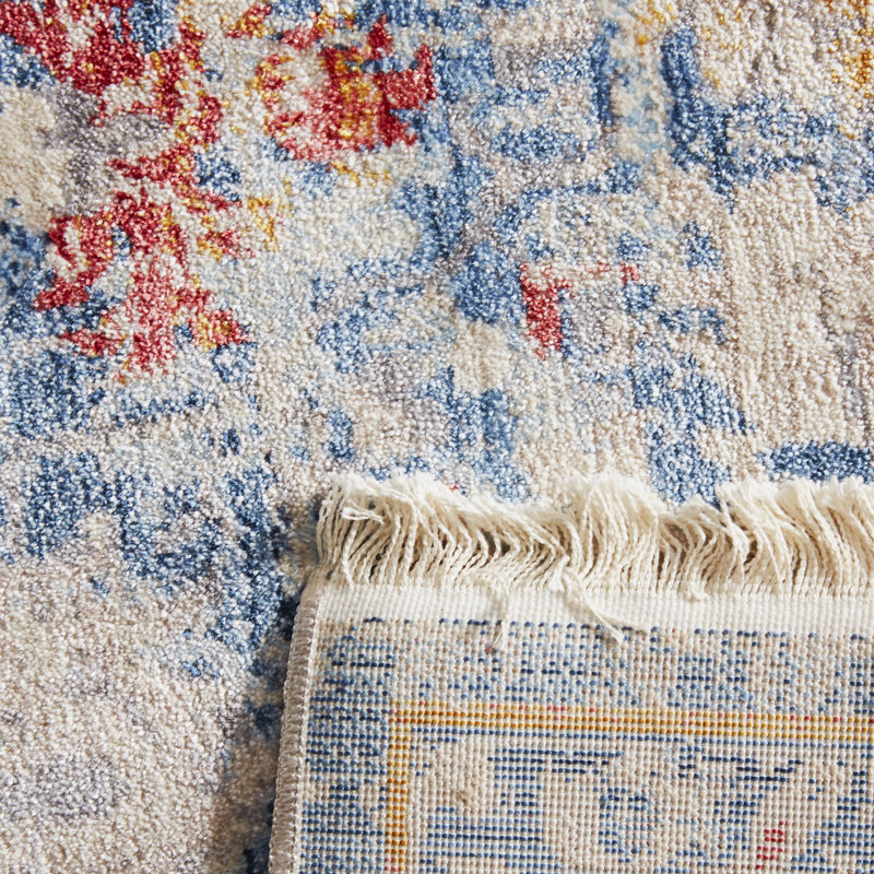 Tapis oriental en polyester fait à la main en bleu / multicolore, Carré 5 pi