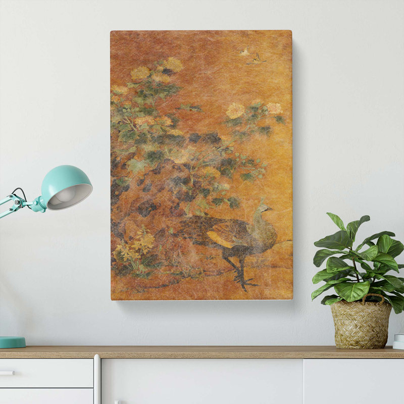 Peacock and Hollyhocks by Bian Lu - Wrapped Canvas Art - Wrapped Canvas, 60cm H x 40cm W x 3cm D