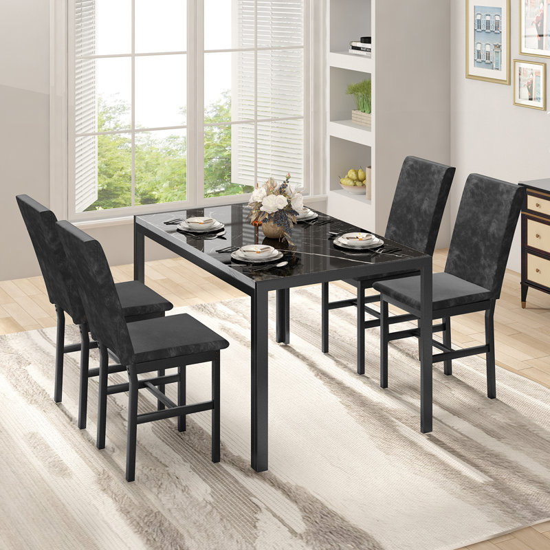 Dining Table Set For 4, Faux Marble Kitchen Table With Uphosltered Dining Chairs, 5-Piece Dining Table Set, Space-Saving Design Dinette Set for Home Furniture Kitchen Restaurant