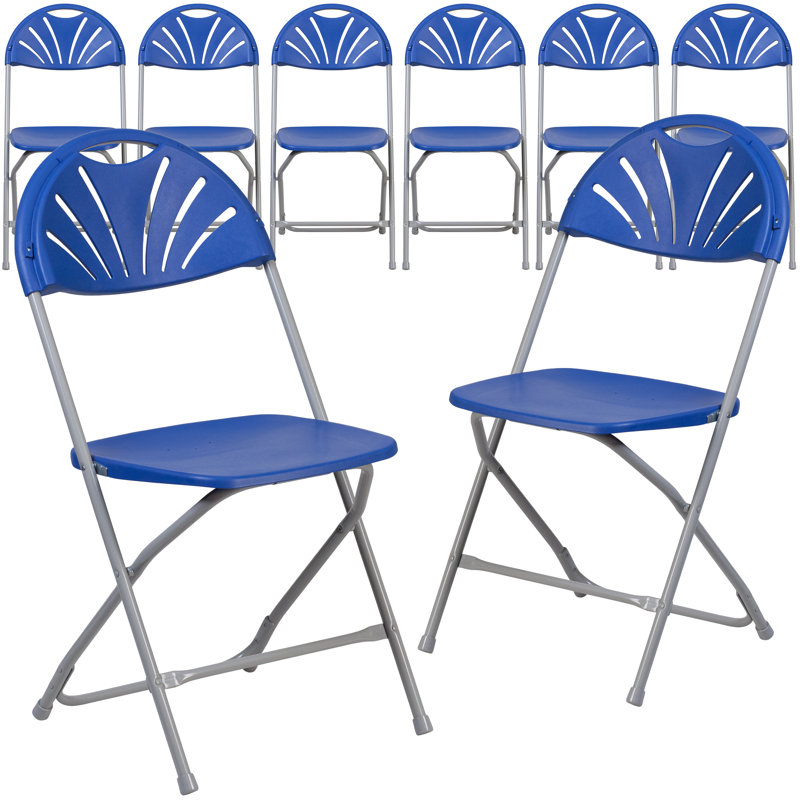 Plastic Fan Back Folding Chair, Blue/Grey