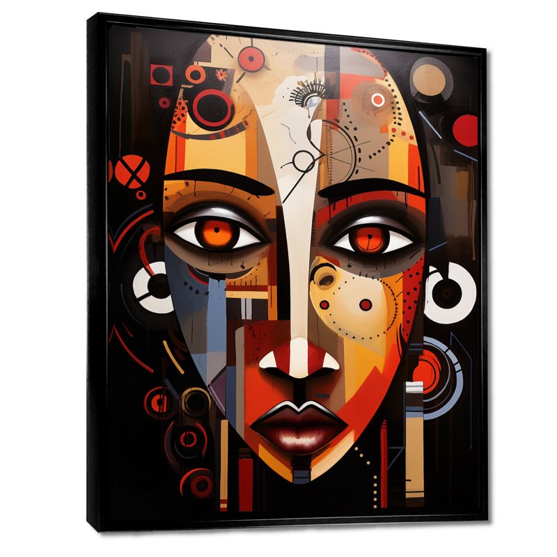 Ancienne beauté aux yeux bruns géométriques - Masque africain, art mural, H 20 po x l 12 po x P 1 po, Cadre flottant noir