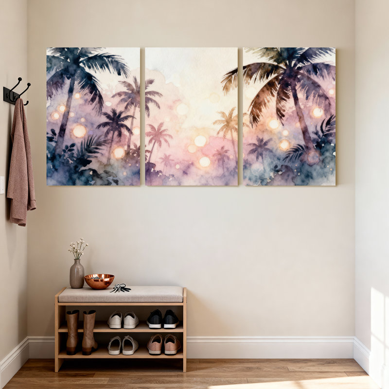 Palmiers, palmiers tropicaux, coucher de soleil, ensemble de 3 impressions sur toile, H 24 po x l 48 po