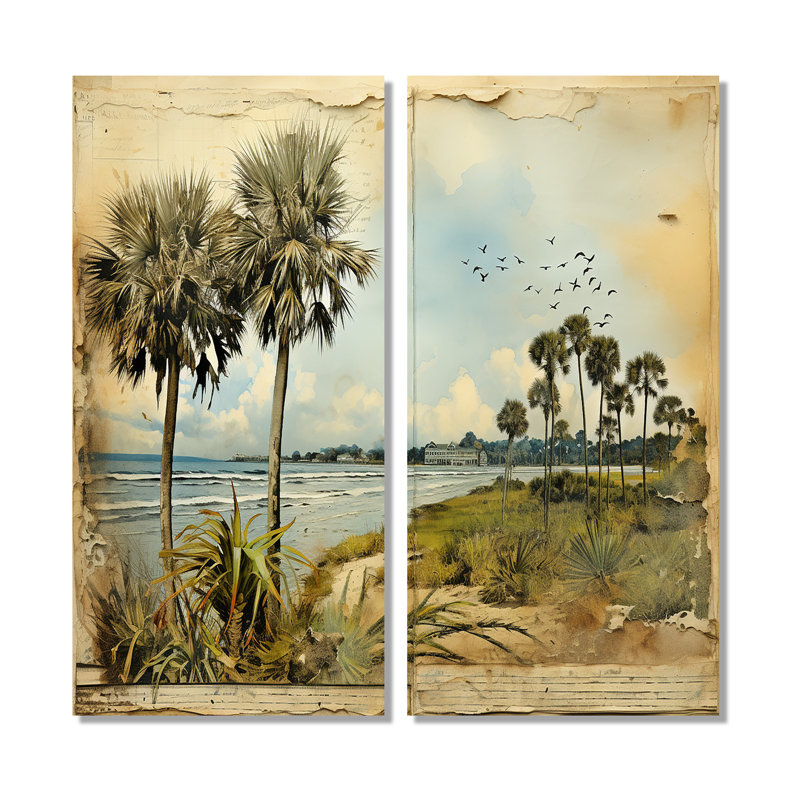 Collage rétro de Floride, palmiers et plage IV - art mural grand Floride, H 20 po x l 24 po, Toile tendue, Ne s’applique pas
