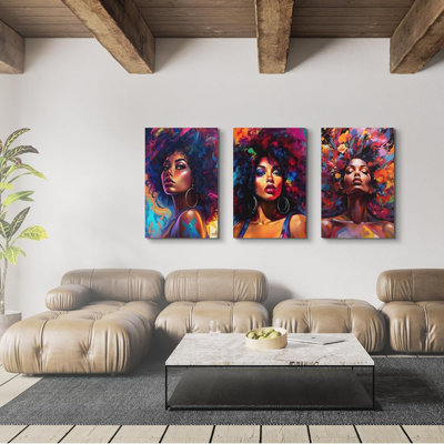 3 Piece Colorful Portraits Of African American Women Canvas Wall Art, Abstract Black Girl Femal Theme Picture Modern Framed Artwork For Living Room Home Decor 12X16inch
