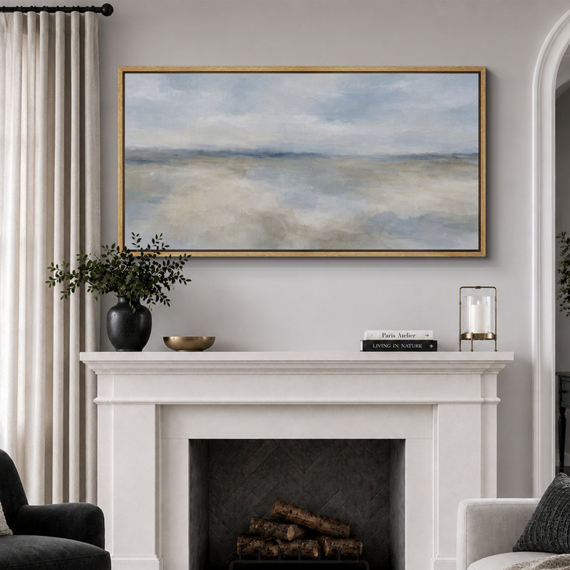 Soft Blue Beige Abstract Sky Landscape Artwork, Minimalist Living Room Pictures, Framed Canvas Giclee Print Wall Art