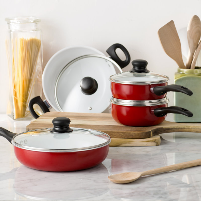 Ensemble de batterie de cuisine antiadhésif en aluminium 8 pièces, Rouge / Blanc