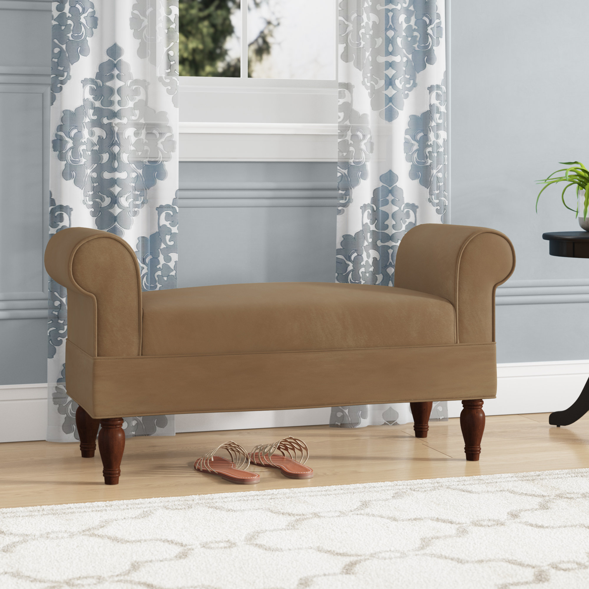 Upholstered bench with rolled arms hot sale