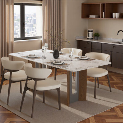 Table de salle à manger 5 pièces en marbre moderne avec pieds en bois massif et base en métal en forme de U et 4 chaises entièrement assemblées