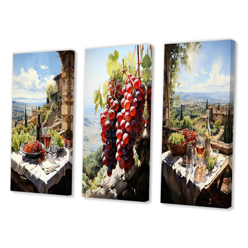 «Vineyard Rendezvous In Rioja», 3 pièces, H 32 po x l 48 po, Toile tendue