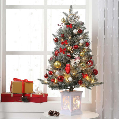 Arbre de Noël artificiel 3 pi avec 78 lumières DEL, flocons de neige, base en pot, à piles, rangement facile à plier, petits arbres de Noël pour la décoration intérieure et extérieure à piles