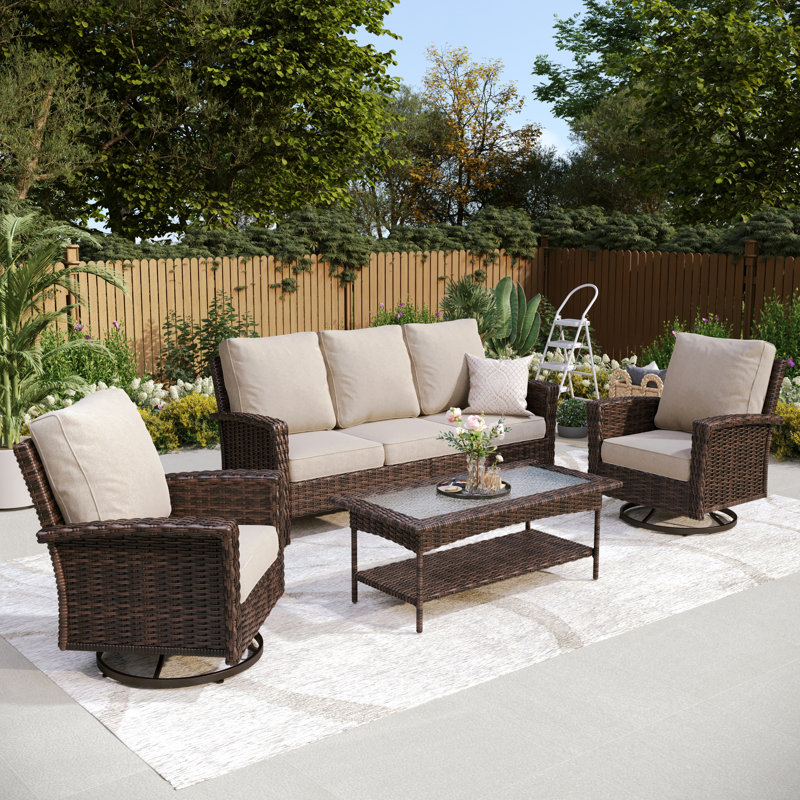Nadilee Premium All-Weather Wicker - Person Patio Conversation Set with Cushions, No, Beige