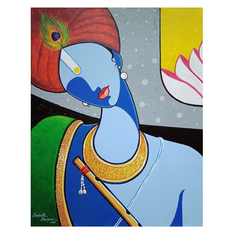 Shree Krishna avec flûte | Acrylique sur toile | Par Santosh Narayan Dangare