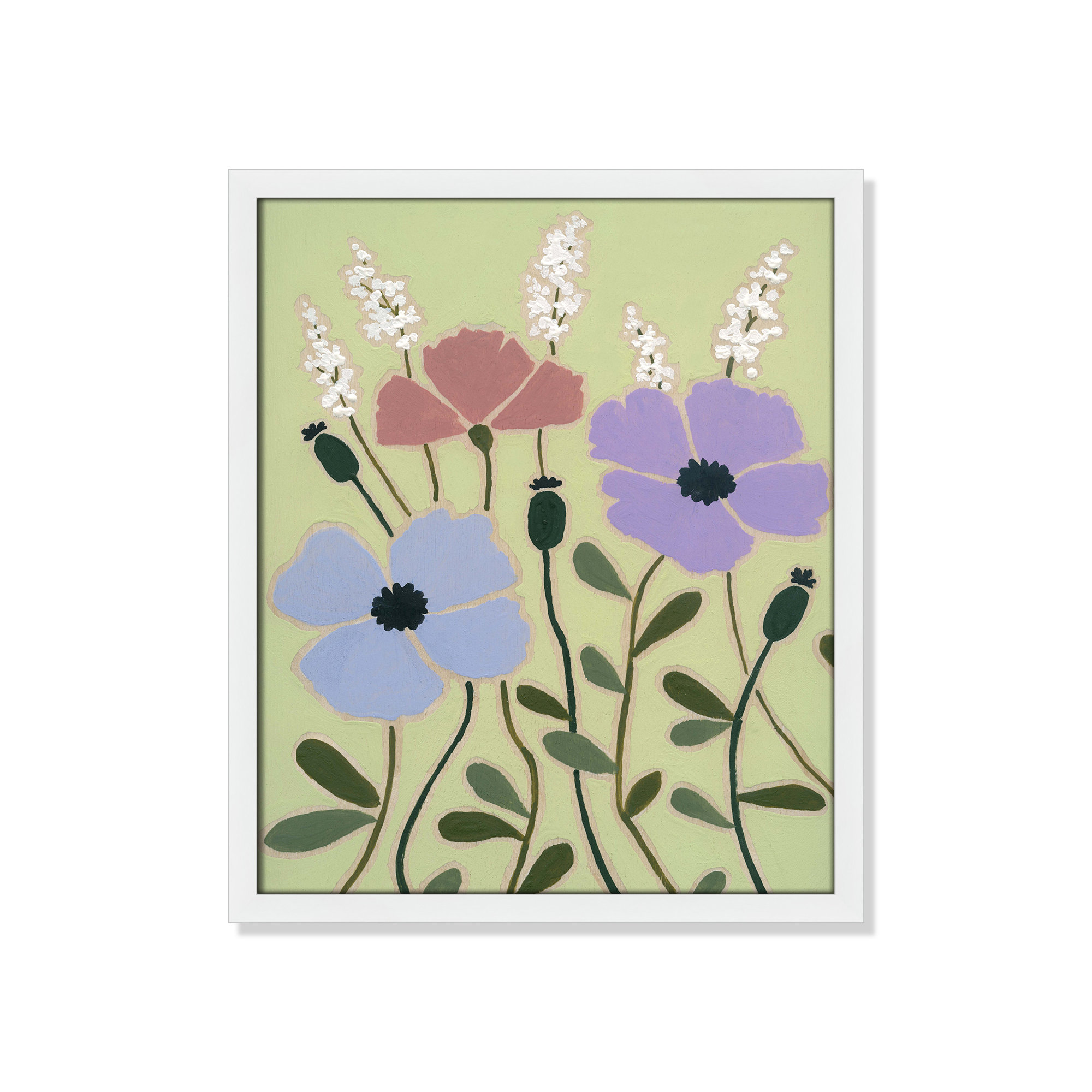 Woodblock Floral III by - Single Picture Frame Print, Satin White Framed, 19" H x 16" W x 1.25" D