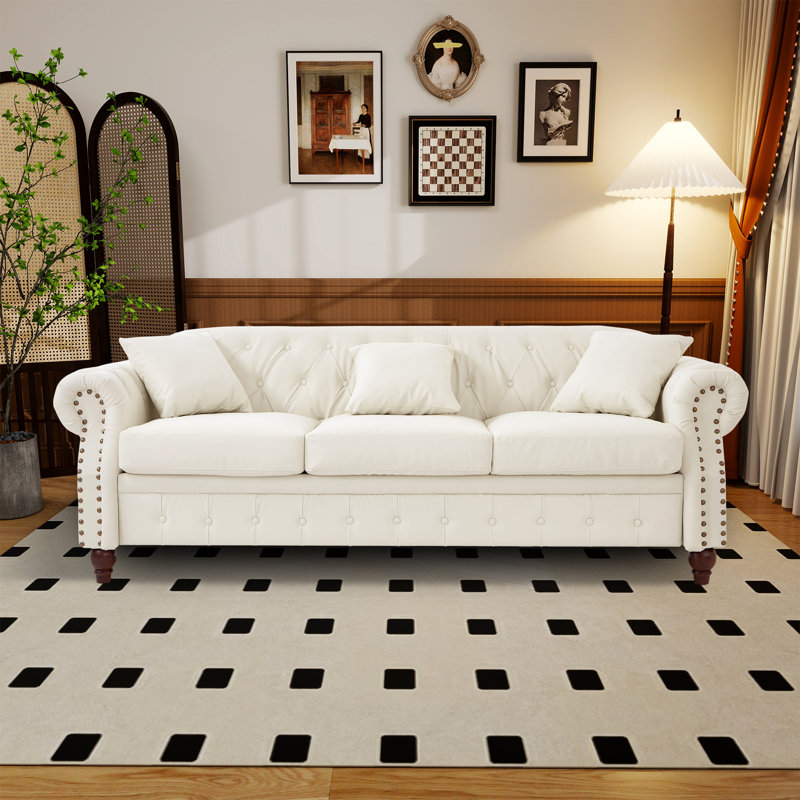 Canapé Chesterfield en similicuir avec rangement, Ivoire ivoire