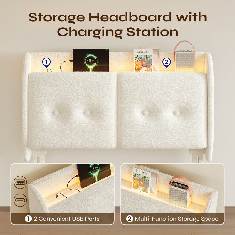 Wingback Upholstered Headboard With Storage Shelf, USB And Ambient Light, Full