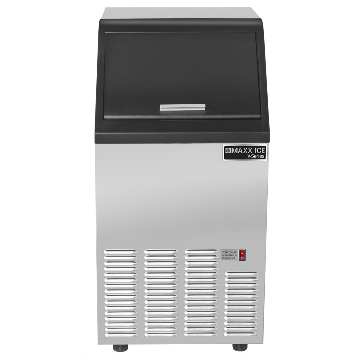 Maxx Ice V-Series Self-Contained Ice Machine, in Stainless Steel with Black Trim | Fridge.com