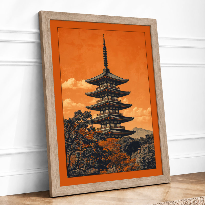 Pagoda at Dusk Japandi - Framed Print, A4 - 29.7 x 21.0 cm, Oak
