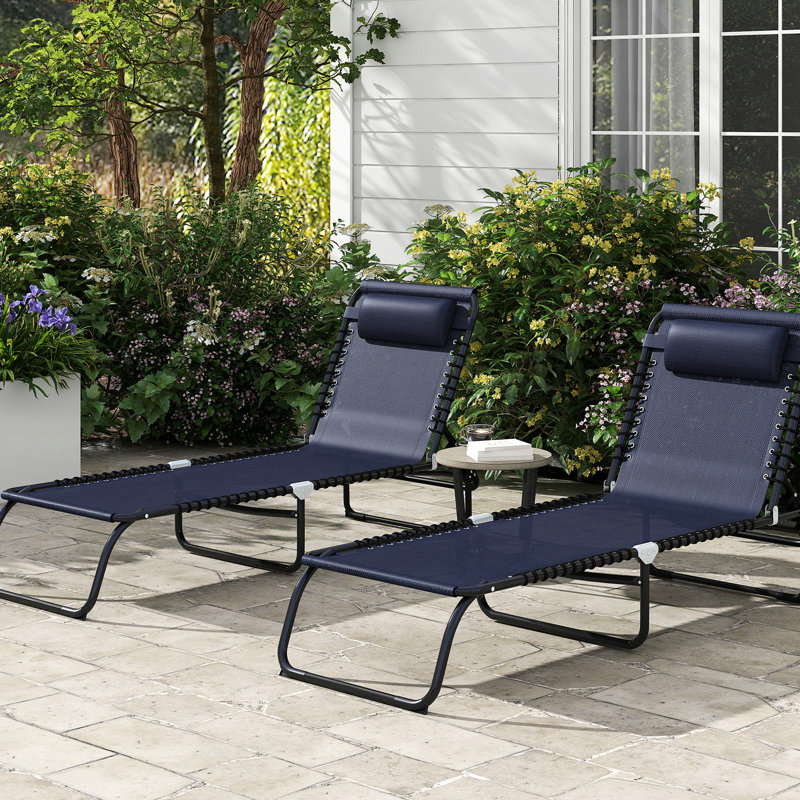 De 2 chaises de camping pliantes - Chaise longue bleu foncé avec dossier inclinable, coussin, siège respirant en filet et à l'élastique pour chaise longue de plage 2