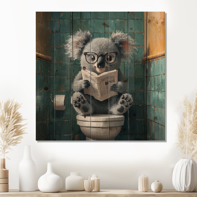 Koala avec lunettes dans la toilette II - Koala, décoration murale en bois animal - sur bois de pin naturel