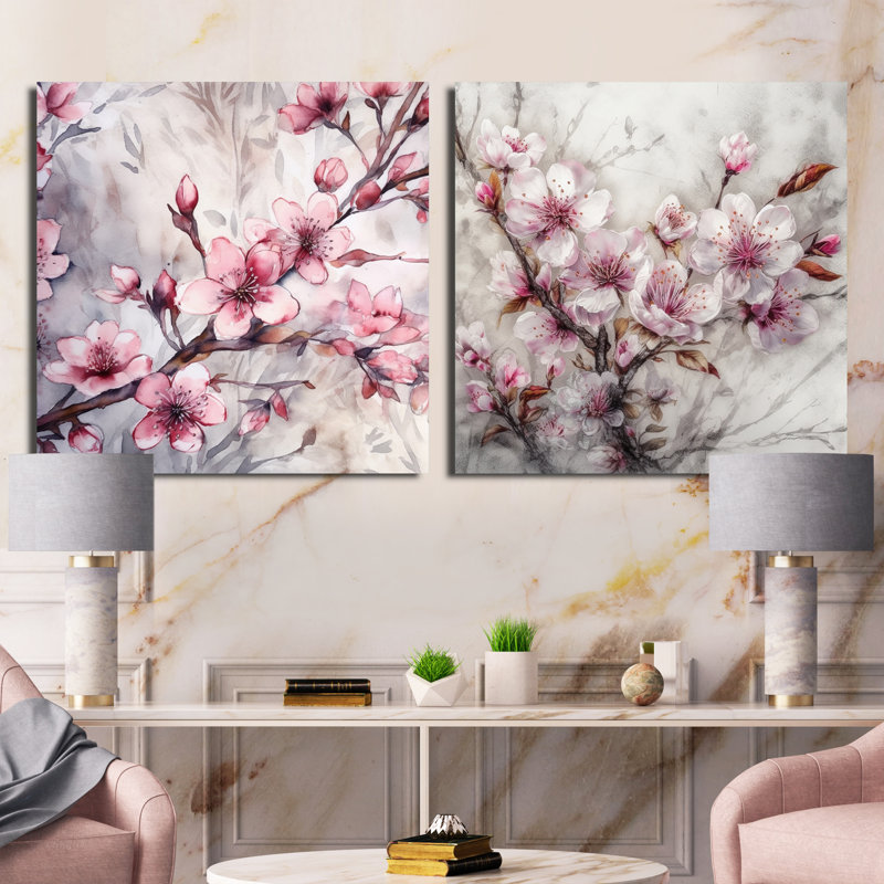 Cerisier en fleurs rose - Ensemble de 2 carrés de cerisiers en fleurs, H 36 po x l 73 po, Toile tendue