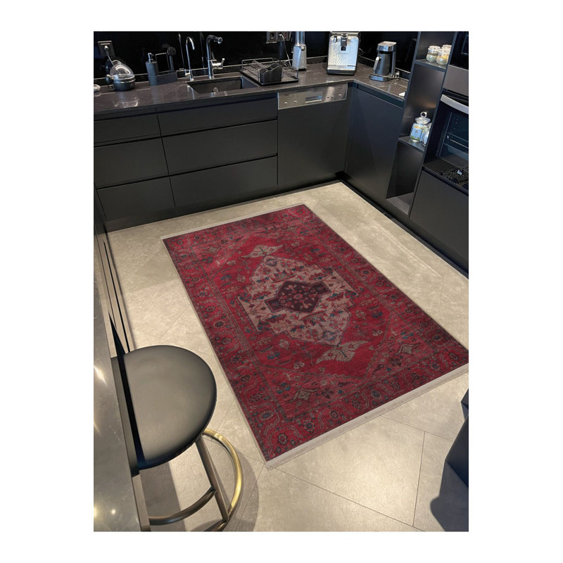 Tapis décoratif rétro à motif traditionnel rose foncé lavable à la machine