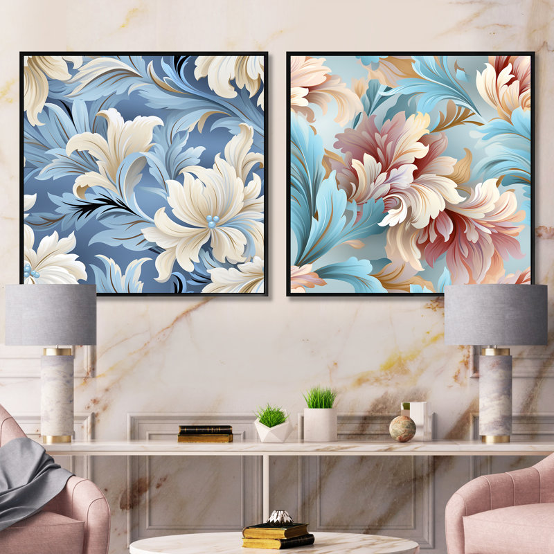 Damas blancs et bleus II - ensemble de collage abstrait botanique carré, Cadre flottant noir, H 30 po x l 61 po
