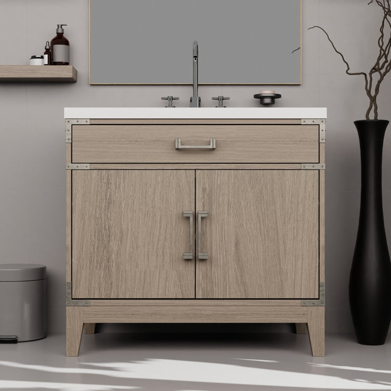 Meuble-lavabo gris en chêne gris L x P 22 po, comptoir en quartz blanc, miroir 34 po, robinet agréable P 36 po 22 po avec miroir 34 po et robinet inclus
