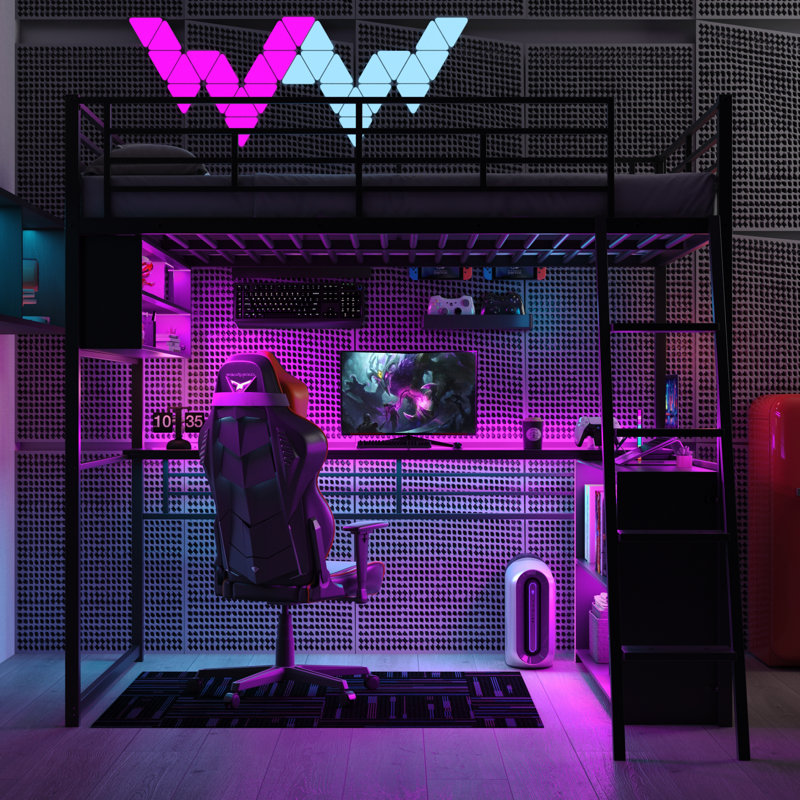 Lit mezzanine double en métal avec DEL, bureau et 4 tablettes de rangement, noir