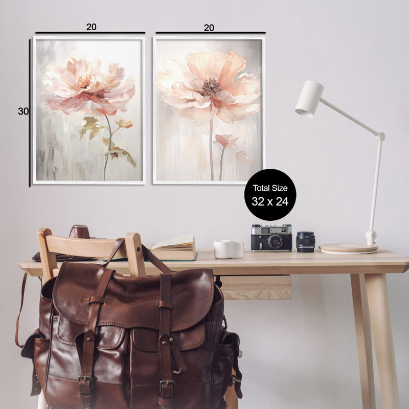  Soft Pink Budding Flowers 2 PC Giclee Art Set by Raymond Powers, 30" H x 20" W, Coastal White Framed Giclee