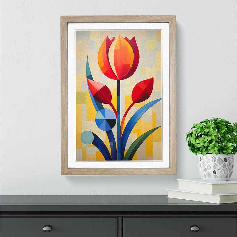 Tulip Flower Constructivism No.3 - Single Picture Frame Print on Wood, Oak Framed, 46cm H x 34cm W