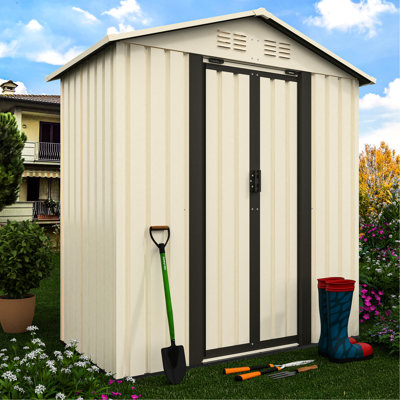 Abri de jardin extérieur en métal 5x3, structure en alliage d'aluminium, couleur blanc crème, nouveau design élégant, aménagement spacieux pour le matériel de jardinage, montage facile, entretien minimal, livré
