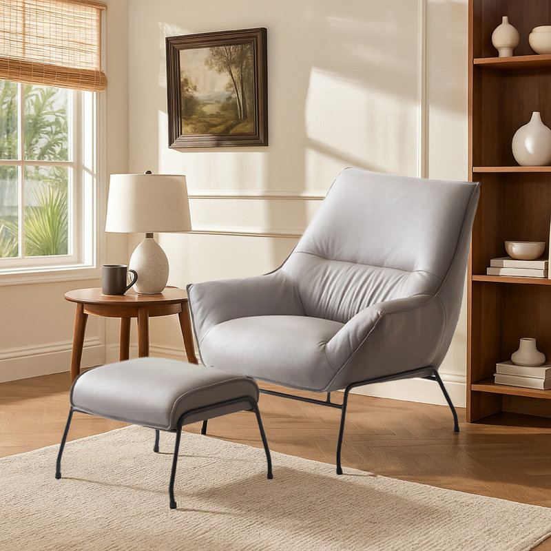 Ensemble de fauteuil d'appoint et repose-pieds 2 pièces Abela, cuir fleur, Cuir véritable brun grès