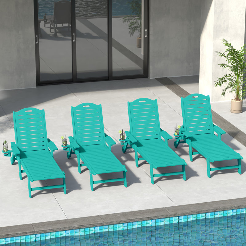 Brighton Outdoor Poly Reclining Chaise Lounge With Wheels & Cup Holder (Set Of 2), Teal, 4