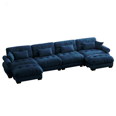 U Shaped Sectional Sofa Cloud Couch With Movable Ottomans,Convertible Deep 4 Seater Modern Velvet Comfy Upholstered Corner Couch With Blostered Armrests, Waist Pillow And Throw Pillows,Blue