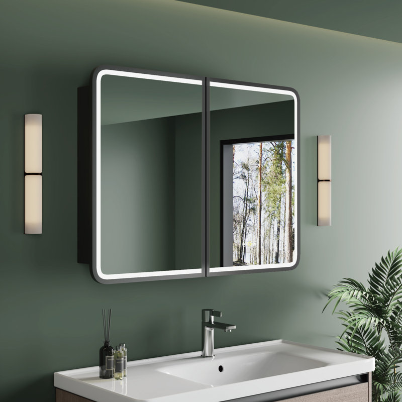 Armoire à pharmacie Brendyn 32 po L x 30 po H avec miroir, éclairage DEL à intensité et couleur réglables, antibuée, fonction mémoire, étagères en verre réglables, montage encastré ou en surface, certifiée ETL