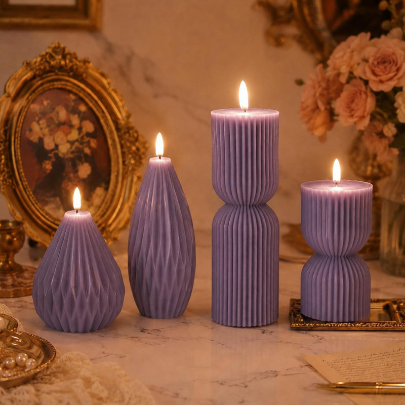 Flameless Candles 4 Pack, Striped Pillar & Pear Shaped LED Candles, Real Wax Battery Operated with Timer Remote, 3D Flickering Flame, Indoor Decor for Christmas Wedding Home Party