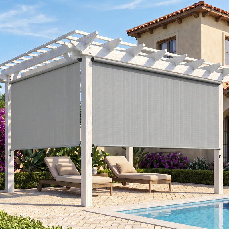 Store à enroulement extérieur sans cordon l 8 pi x L 8 pi, stores d'extérieur sans assemblage avec tissu amélioré 420GSM, store à enroulement occultant 95% UV, abat-jour pour l'extérieur et l'intérieur (pas besoin de manivelle)