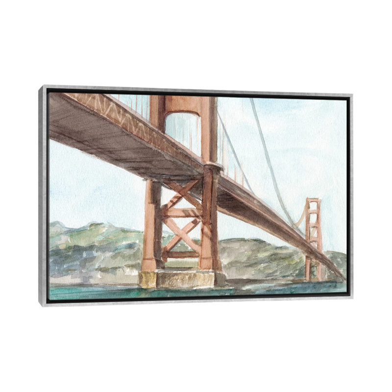 "Iconic Watercolor Bridge III" par Ethan Harper, reproduction d’art, Pas de tapis, Toile avec cadre argenté