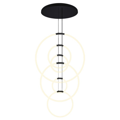 35'' Modern 6-Light LED Chandelier in Black – Sculptural Pendant Light with Floating Rings – Integrated LED, No Bulb Required