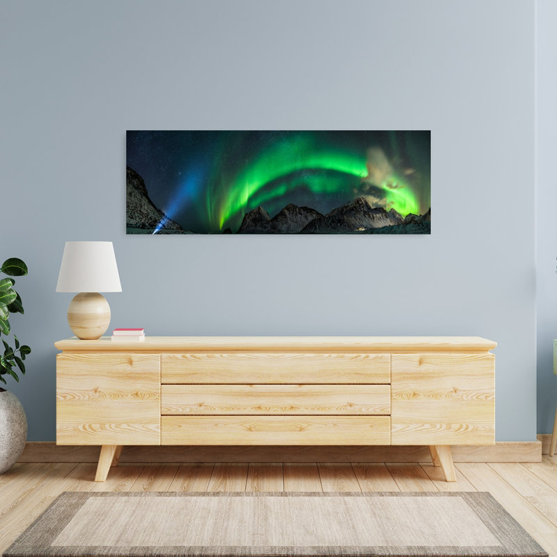 Northern Lights Winter, paysage contemporain abstrait montagne, art mural, H 16 po x l 48 po