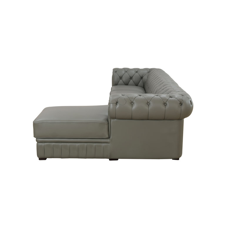 2-Piece Button Tufted Genuine Cowhide Leather Chesterfield Sectional Sofa Set, Gray Genuine Leather, Right Hand Facing