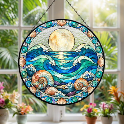 «Blue and Orange Ocean Waves and Shells», art mural en verre coloré