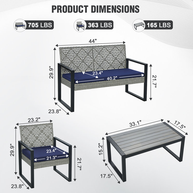 4 - Person Patio Wicker Conversation Sets with Cushions, Blue Cushion/Light Grey Frame