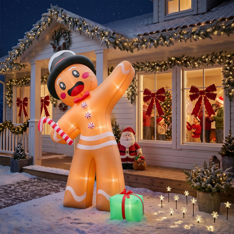 Décoration pour cour de Noël 10,6 pi de hauteur avec bonhomme de pain d'épice et boîte-cadeau gonflable 8 lumières DEL en polyester 190D 12V 2000 mA