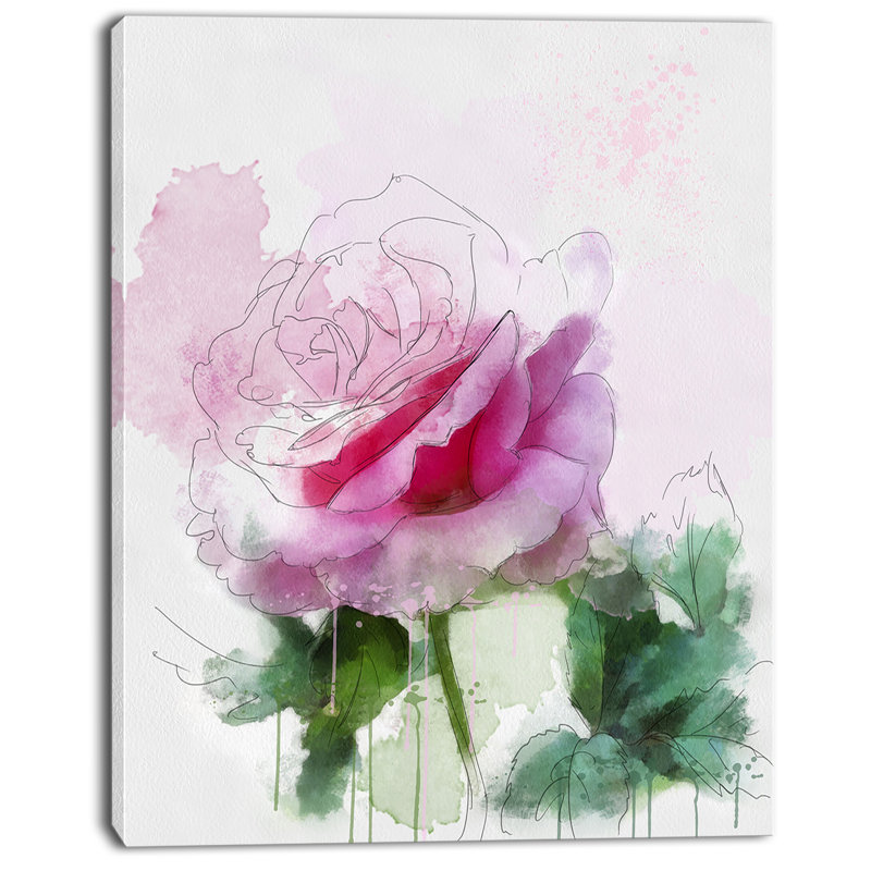 «Rose rose croquis avec feuilles vertes», reproduction d'art sur toile tendue, H 20 po x l 12 po x P 1po
