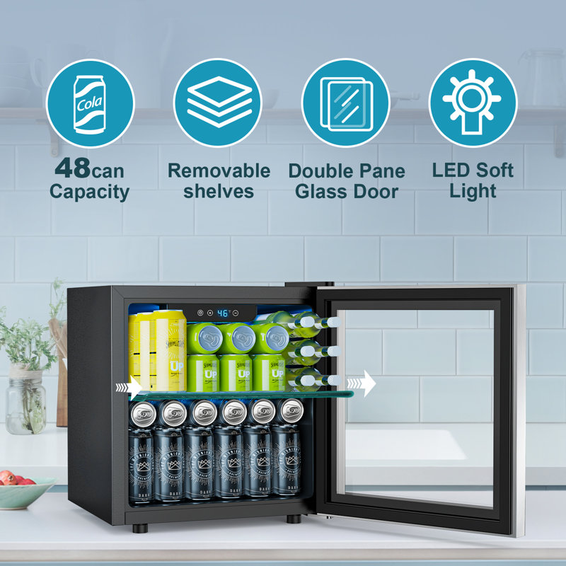50 Can Beverage Refrigerator - 1.3 Cu.ft Mini Fridge Cooler With Digital Thermostat, Glass Door & Adjustable Shelf - Freestanding Small Drink Fridge For Beer, Soda, Wine - Etl Approved For Home, Dorm, Bar, Office