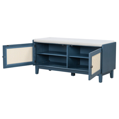 TREXM Boho Rattan Entryway Bench With Storage, Cushioned Shoe Bench With Double Doors, Wooden Shoe Organizer Bench For Entryway And Hallway (Antique Navy+Beige )