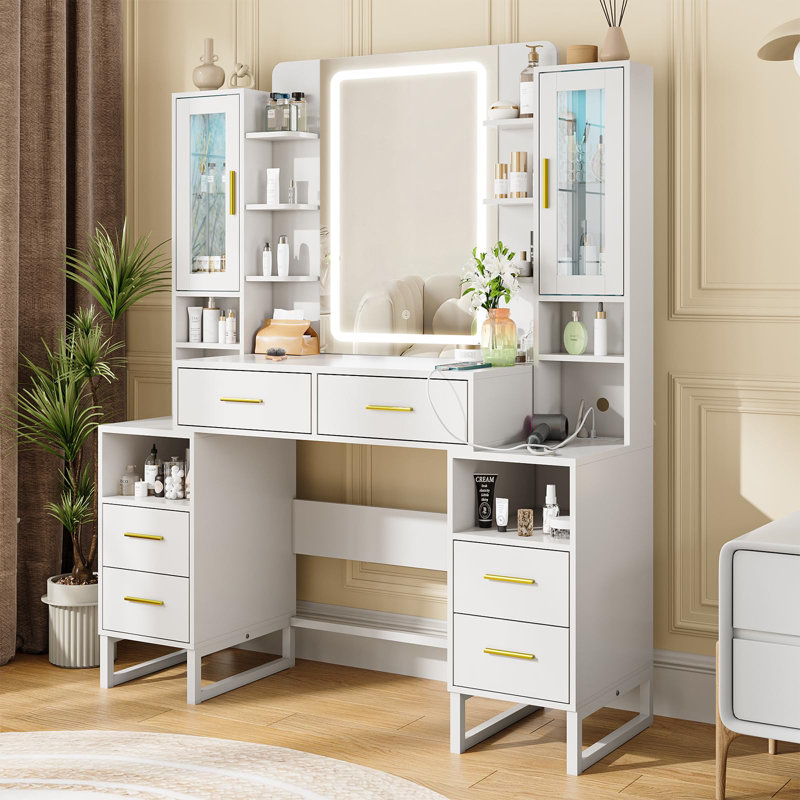 Large Makeup Vanity Desk With 2 Rgb Cabinets And Power Outlet
