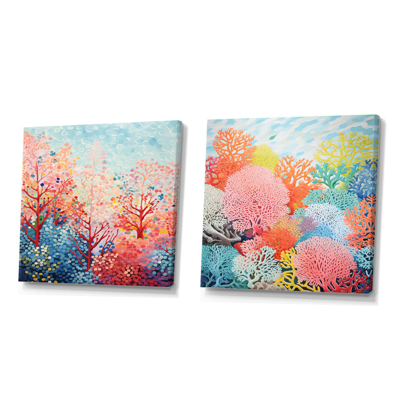 Coral Reef Barrier Expression III - ensemble de 2 collages abstraits carrés, Toile tendue, H 16 po x l 33 po